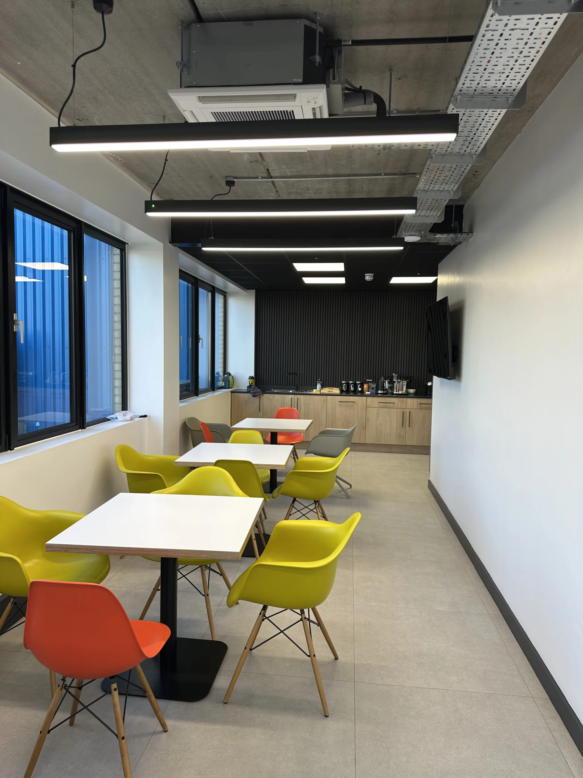 Office break-out area with new lighting