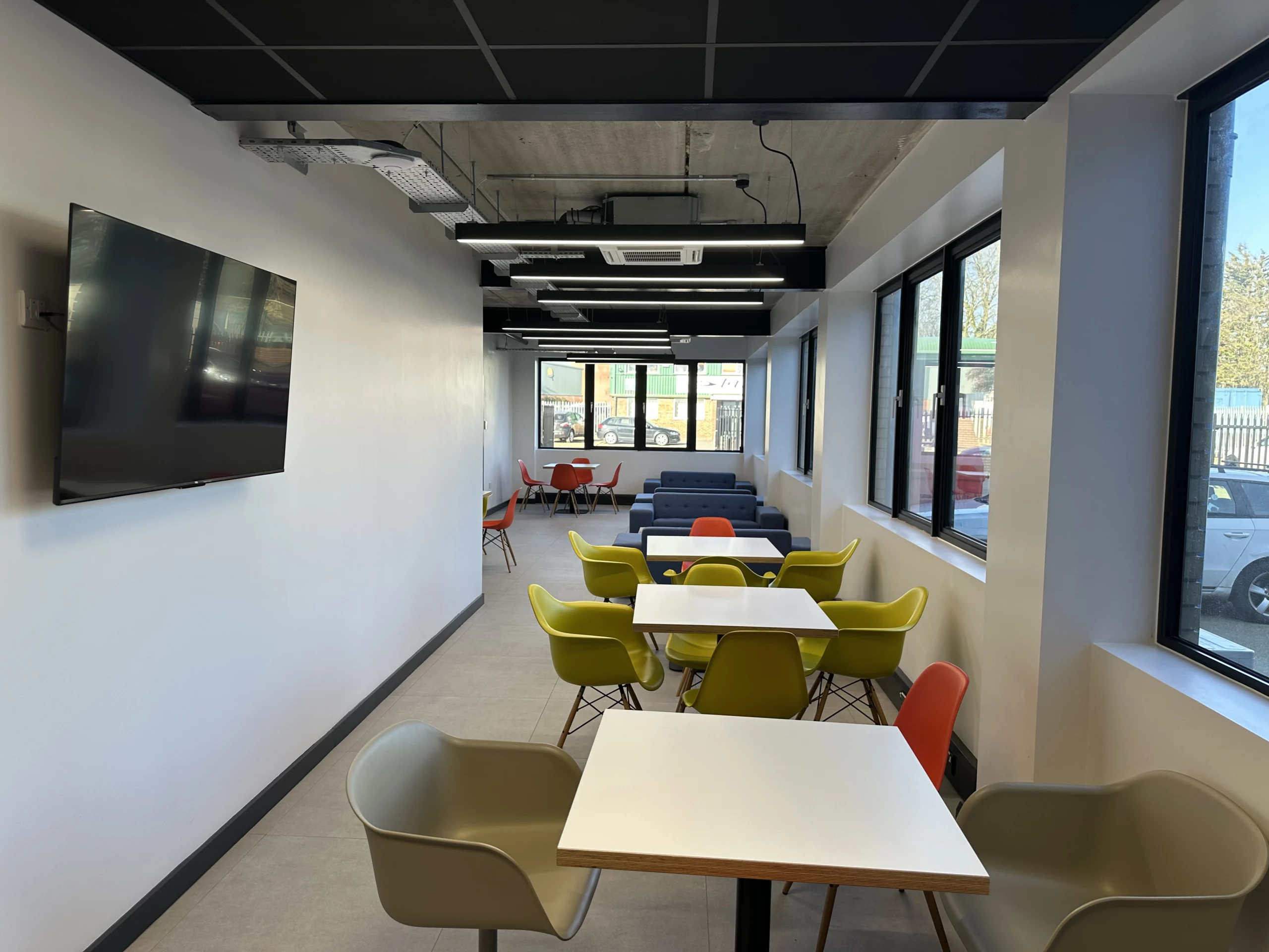 Office break-out area with new lighting